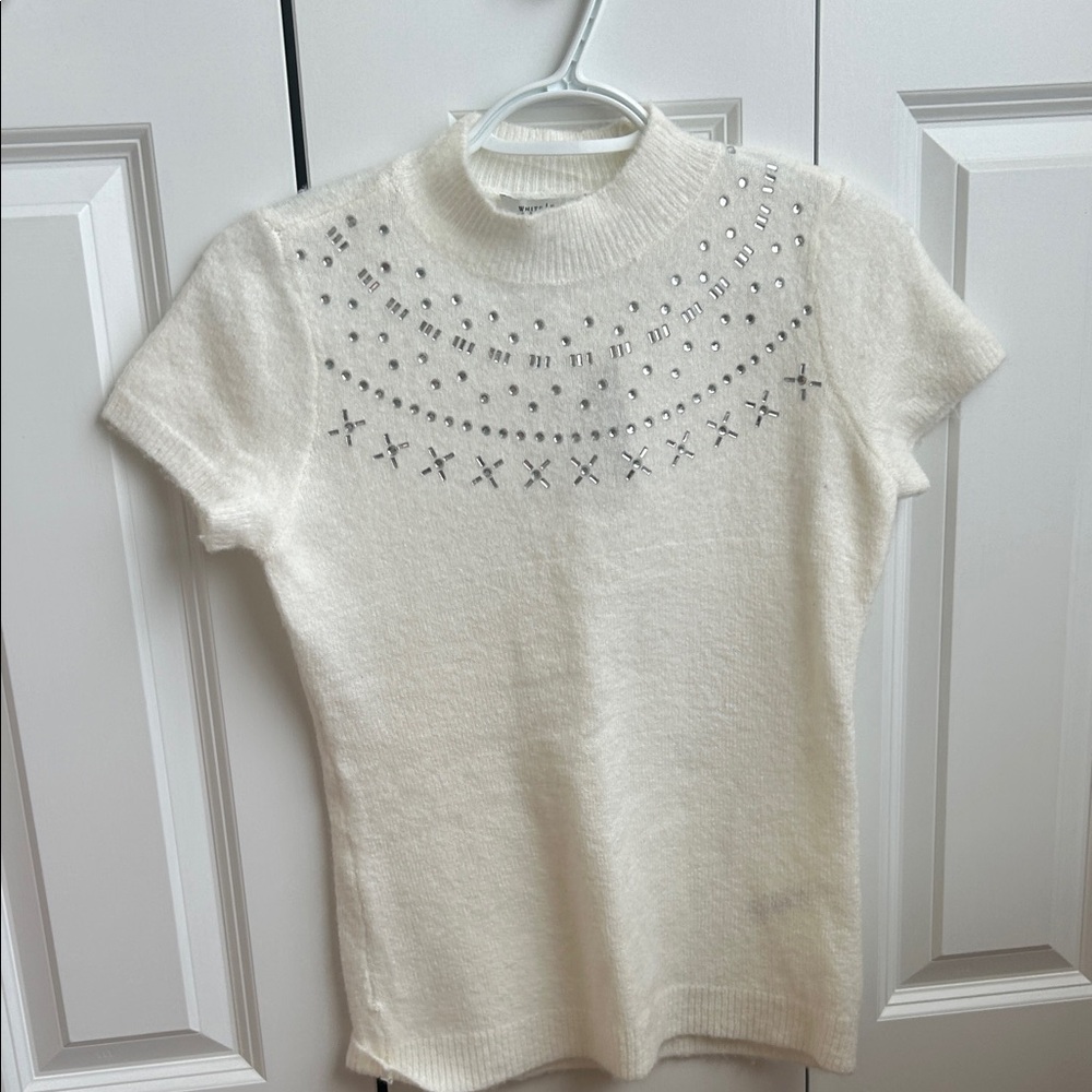 White House Black Market White Embellished Short Sleeve Top
